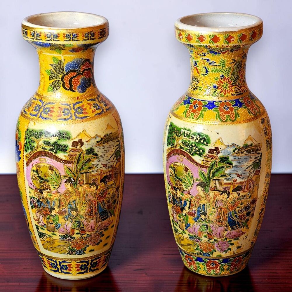Vintage Chinese Famille Jaune Porcelain Vase Pair 9" Court Figures Floral Gold